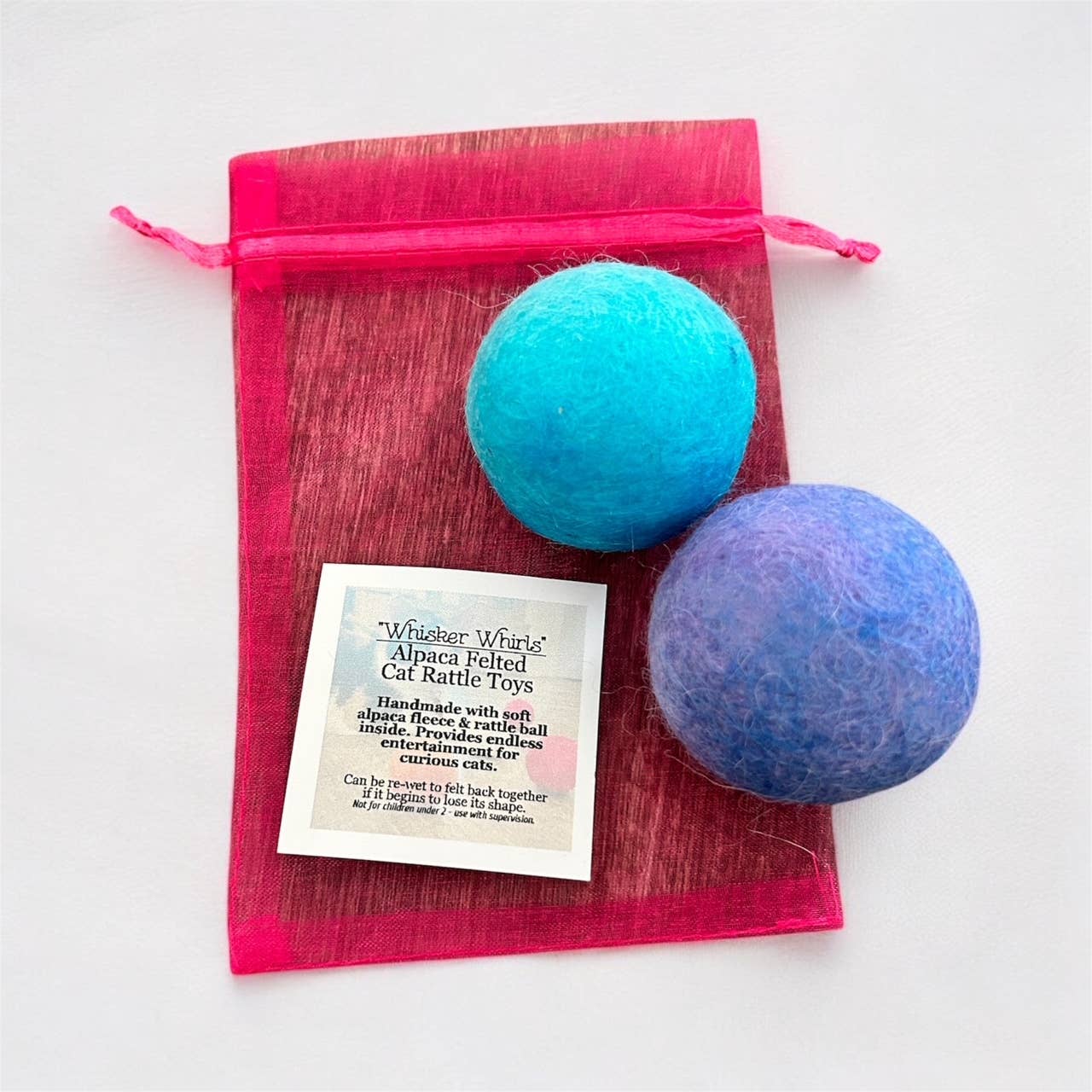 100% Alpaca Wool Cat Rattle Balls – Assorted Colors, 2-Pack