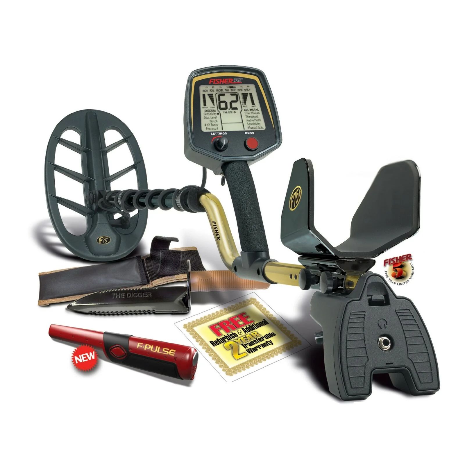 Fisher F75+ Metal Detector with F-Pulse Pinpointer and The Digger Digging Tool - Image 1