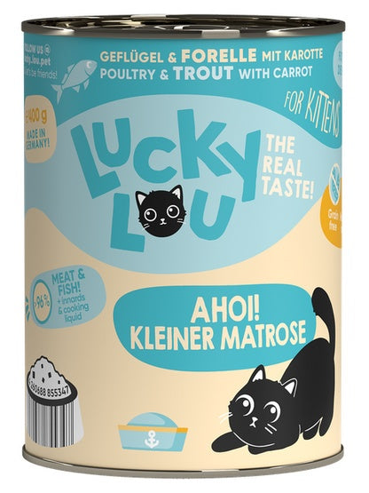 Lucky Lou Lifestage Kitten Drób i pstrąg puszka 400g - Image 1