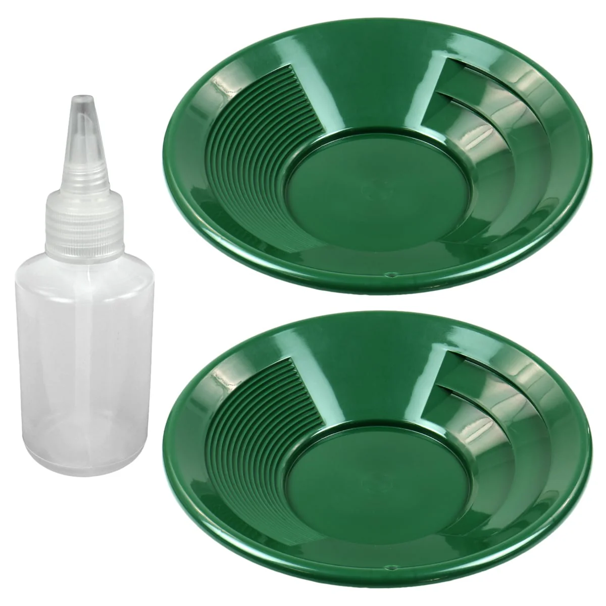 TerraX 10” Green Dual Riffle Gold Pans & 4 oz Sniffer Bottle Set - Image 1